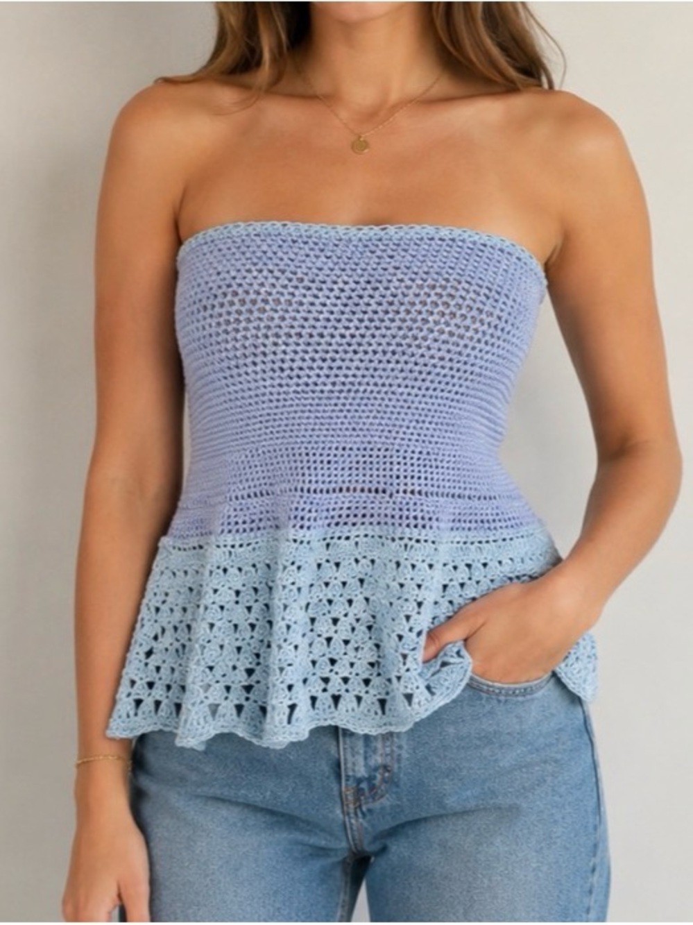 Light Blue Crochet Strapless Peplum Top